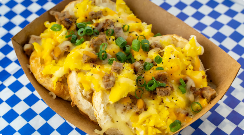 The Donna biscuits and gravy – Austin breakfast with scrambled eggs, sausage, and cheese from Biscuits + Groovy