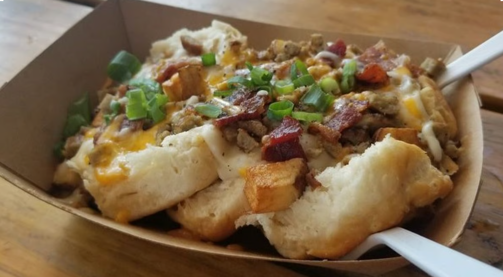 The Johnny biscuits and gravy – Austin breakfast with sausage, bacon, potatoes, and cheese from Biscuits + Groovy