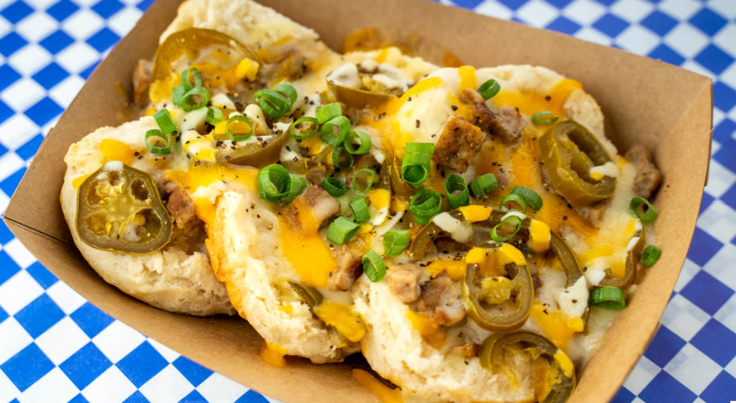 The Village biscuits and gravy – Austin food truck favorite with sausage, jalapeños, and cheese from Biscuits + Groovy