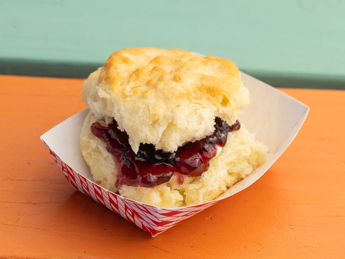 The Bee Gee biscuit Austin breakfast with butter and jam from Biscuits + Groovy