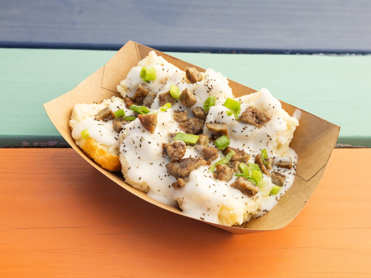 Biscuits + Groovy signature dish Austin biscuits and gravy with sausage and chives